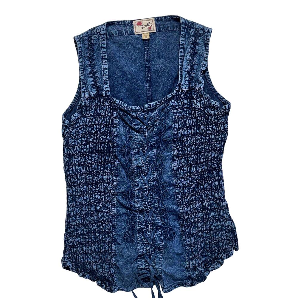 Scully Top Medium Blue Womens Peruvian Cotton Cantina Denim Lace Up Tank Western